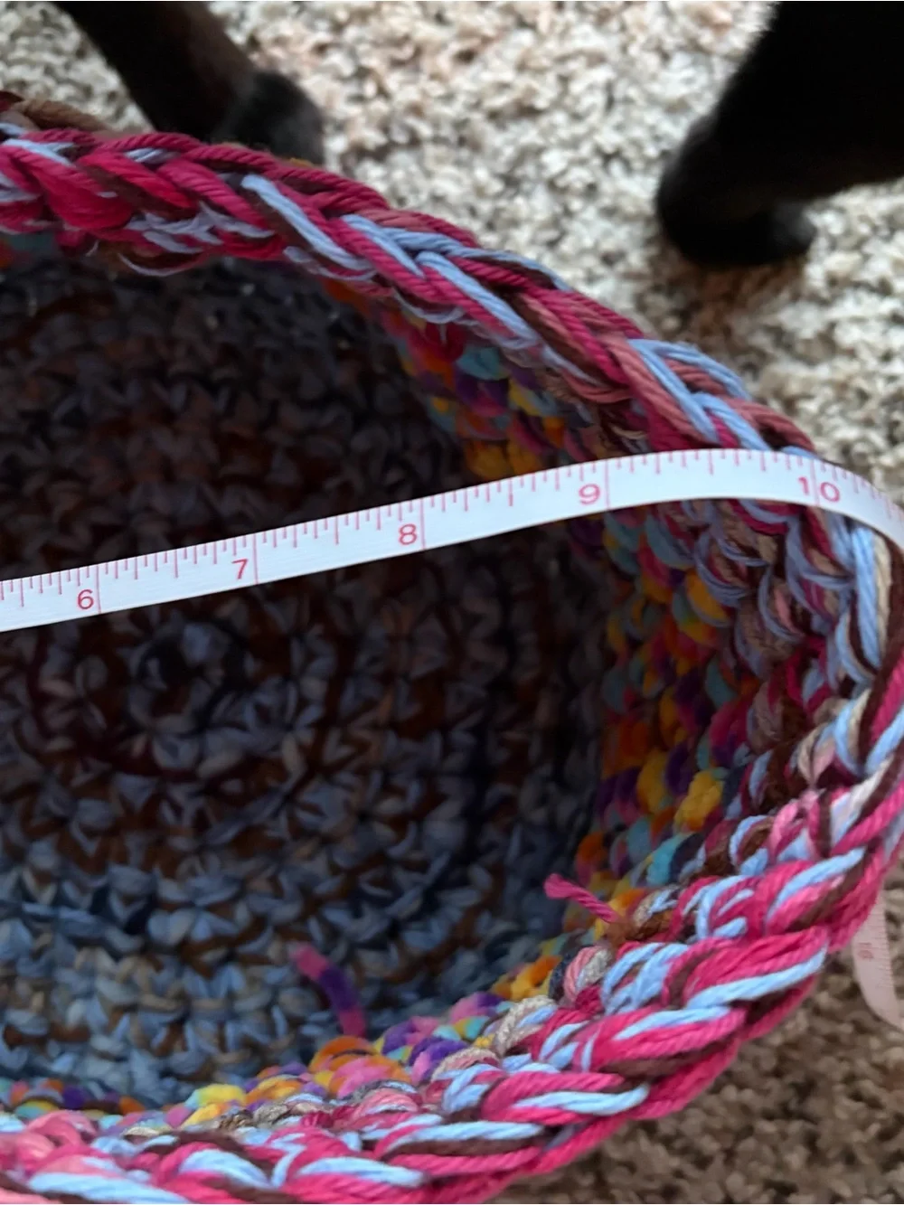 Multicolored crochet scrap basket perfect for storage